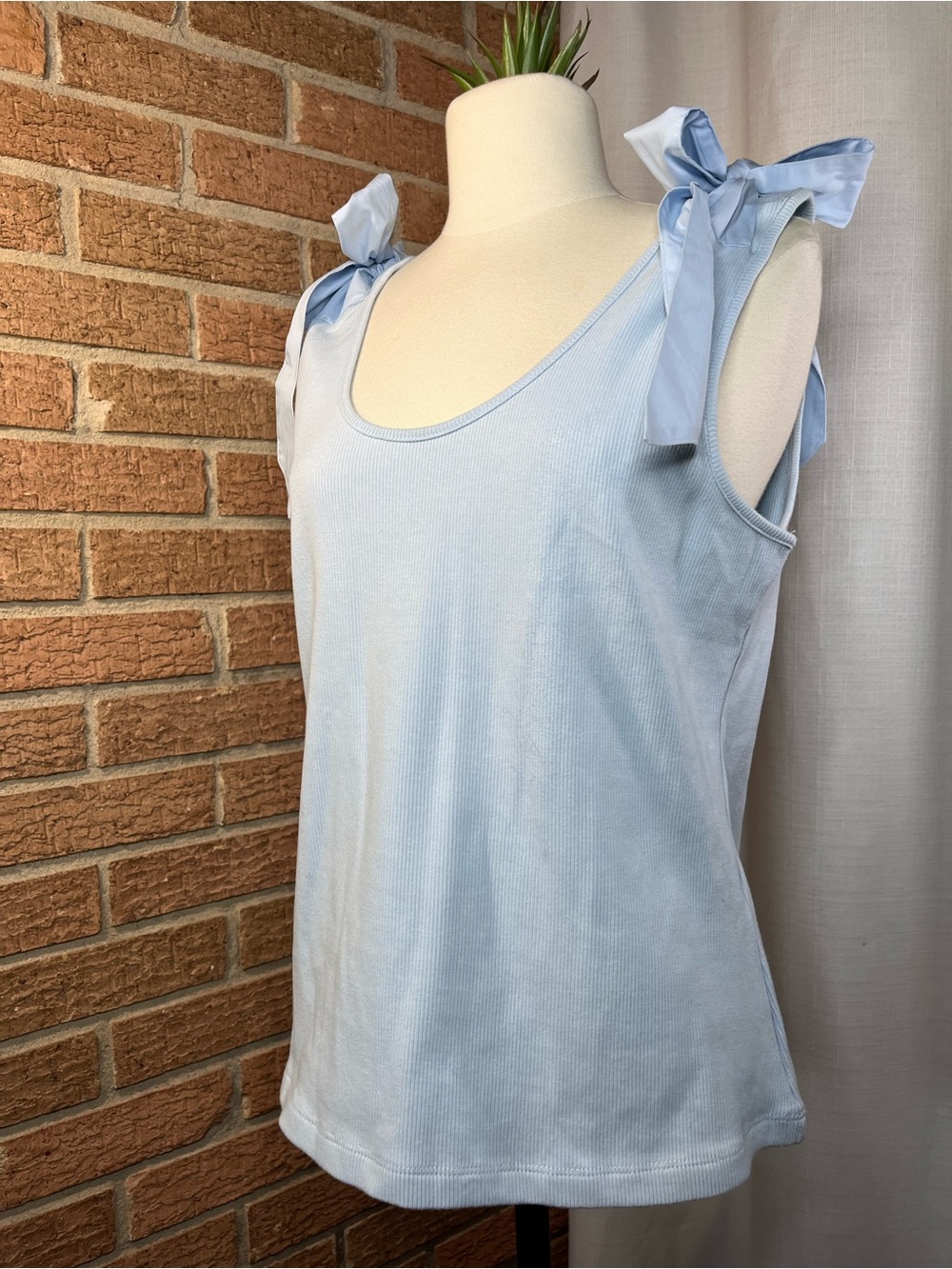 French Connection Blue Ribbed Bow Shoulder Tank Top XL NWOT Cotton Stretch